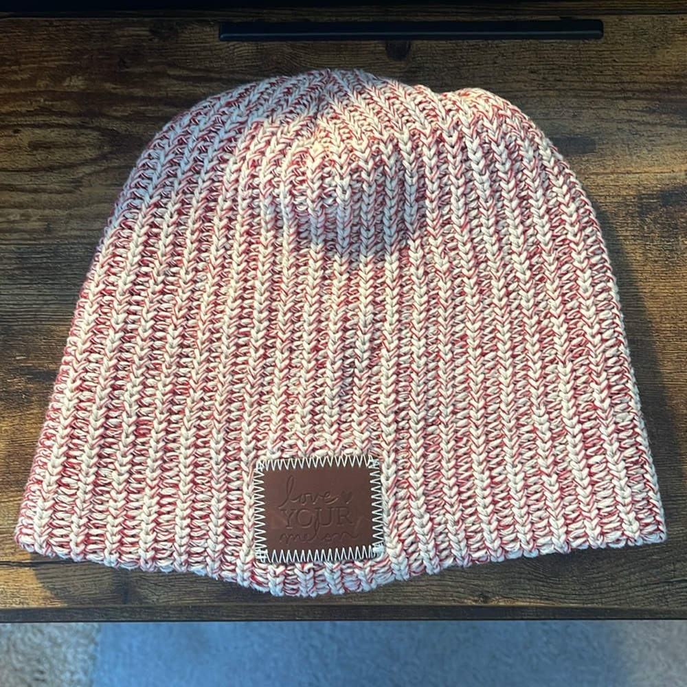 Love Your Melon red and white beanie